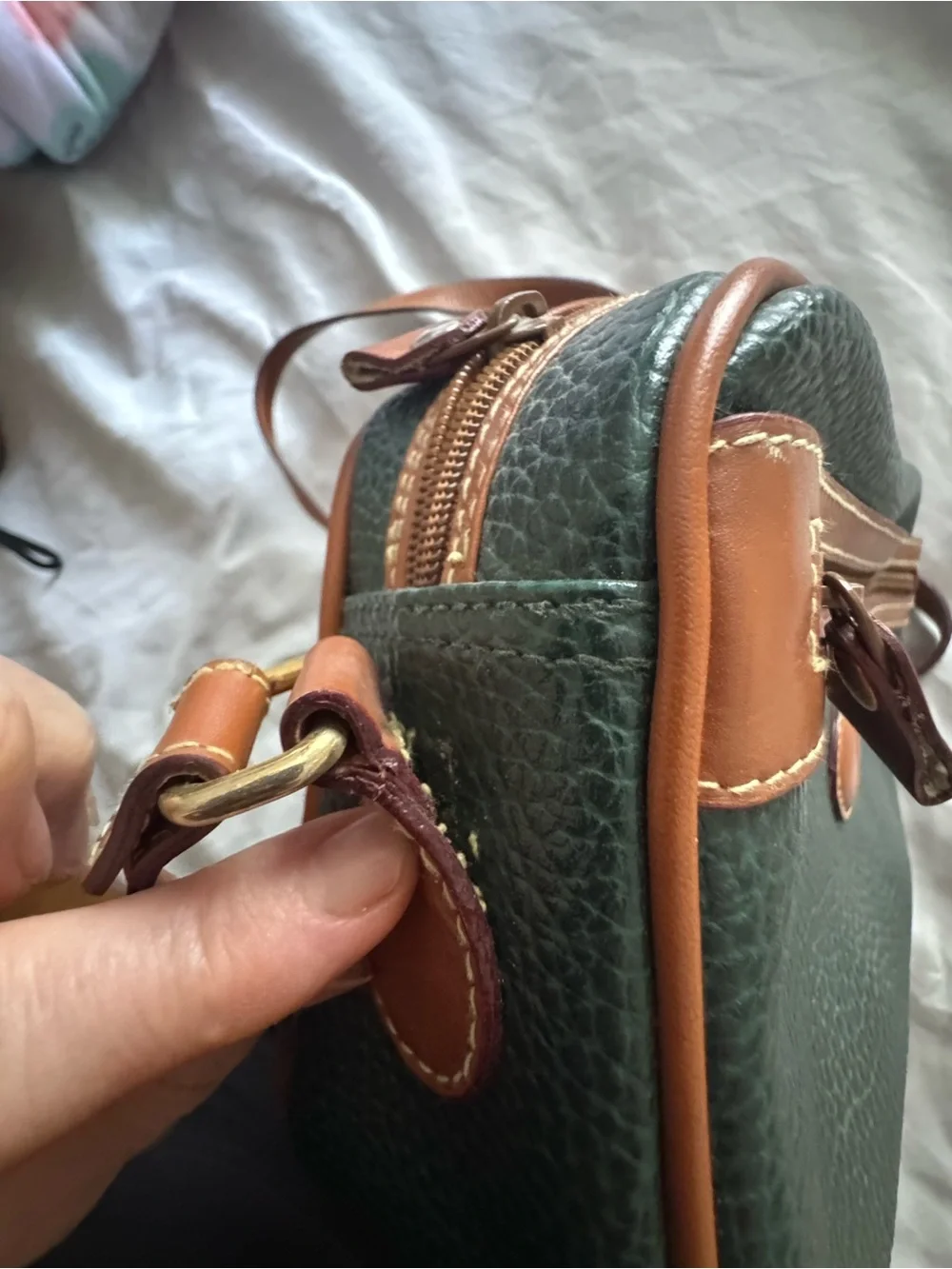 Green Pebbled Leather Crossbody Bag, Tan trim, authentic Braciano Italy classic